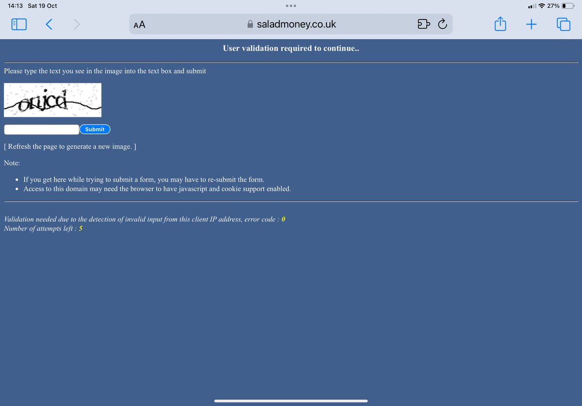wilsuthers's tweet photo. @Salad_Money  Hi,

I can’t get onto your website at the moment and keep getting this screen.  Can you help? https://t.co/C2qcUFClBF