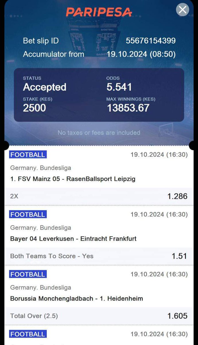 VWilmah's tweet image. GERMAN BUNDLESLIGA☑️

5+ EASY ODDS ☑️

PARIPESA CODE 👉🏿 HUFPN

Second one 

EPL SPECIAL EDITION☑️

5+ EASY ODDS ☑️

PARIPESA CODE 👉🏿 H82UN

REGISTER ACCOUNT HERE 👉🏿 bit.ly/3QZQ36A

PROMO👉🏿 Guyah
#ODMMps #MarthaKoome #Swearing #Gachagua #Kindiki #KaribuKwale #Ruto #IEBC