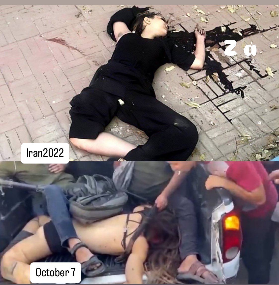 AlinejadMasih's tweet photo. Khamenei said today: “The October 7 operation, with the wisdom and courage of Yahya Sinwar, will be remembered in the history of this region.”

I believe there is another mastermind alongside Sinwar: Ali Khamenei, and you can see an example of this in these two photos.

Before October, in 2022, Nika Shakarami was first raped under Khamenei’s guidance, and then, as you can see, they took a picture of her dead body. 
After Nika was killed, they proudly displayed the photo of her lifeless corpse. Do you see the similarity? 
Yes, Khamenei is the mastermind behind the crimes and the violation of women in the Middle East. 
He does not care in the slightest about the lives of the Palestinian people either. In all these 40 years, I have never once heard him and his regime tell us to chant “Long live Palestine,” but for years, they made us chant “Death to Israel.” He has turned  people of the Middle East into his human shields for the destruction of Israel. 
The most shocking part of the story is that not a single European country or the U.S. has sanctioned Khamenei.
 Every day, he uses the free speech of American social media networks to issue orders for attacks and violations against women and children, and some, in the name of free speech, continue to give him a platform. Every day, he violates us in front of the eyes of the world.

There is only one solution for peace: a secular democracy in Iran, so that no dictator like Khamenei or the Islamic Republic can dare to impose themselves on a nation beyond the ballot box and tear the Middle East and the world apart.
💔
