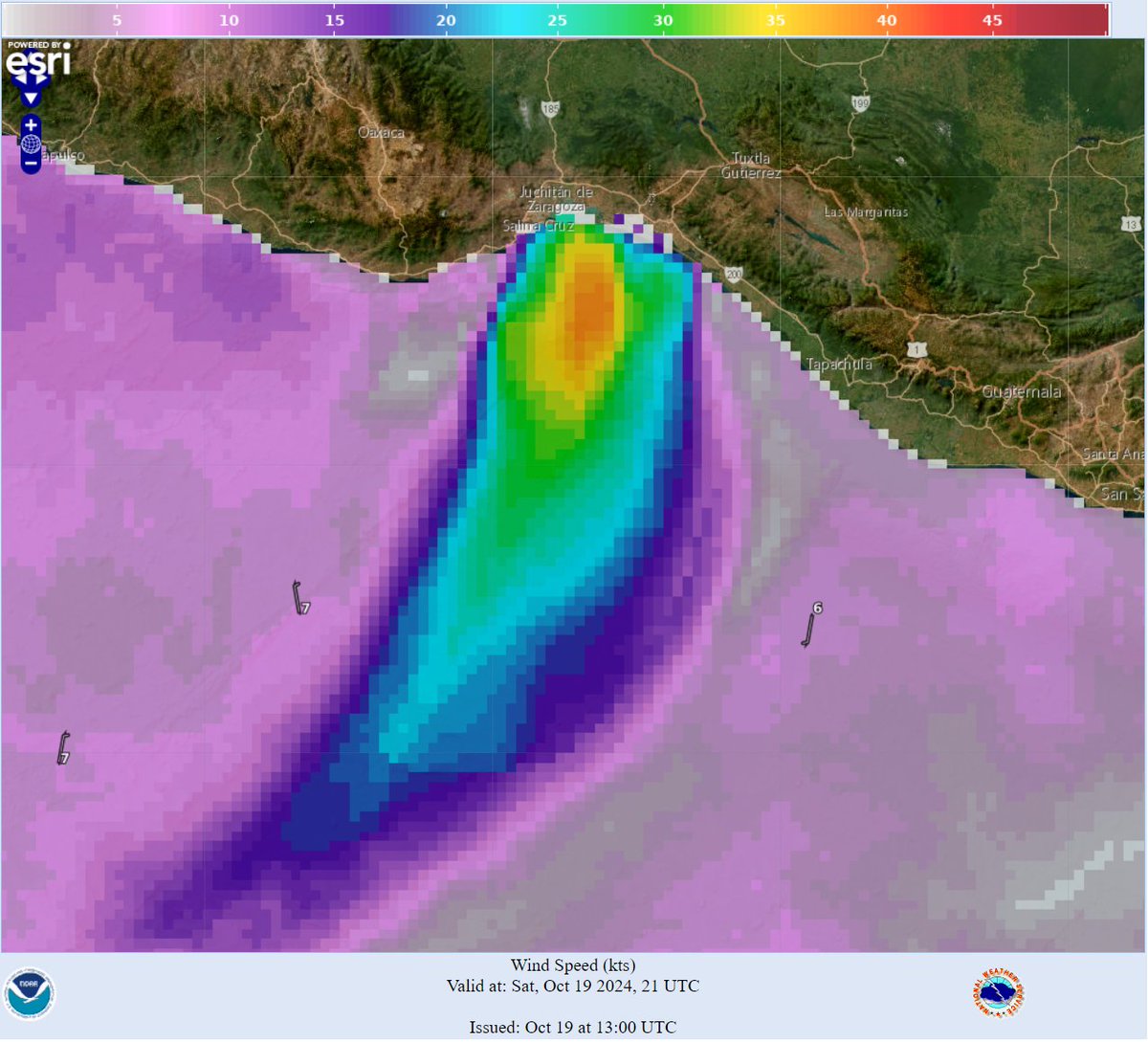 NHC_TAFB's tweet photo. 10/19 - #GaleWarning remains in effect for the Gulf of Tehuantepec. Gale force N winds of 35-40 kt and seas of 10-12 ft (3-4 m) will occur through late tonight. Fresh to strong N winds will occur Sun into early next week. More at https://t.co/26J6Uoh0VW #marinewx #Tehuantepec https://t.co/womIu5xiKA