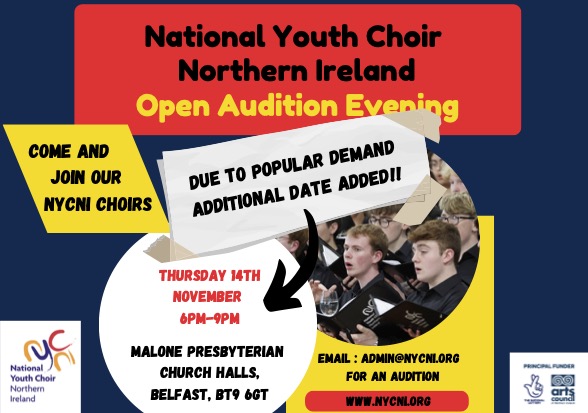 Our auditions scheduled for 7th November are now full.  We've added an extra audition date on 14th November (details in advert). Our Artistic Director, Andrew Nunn, will audition for our Junior Choir, Training Choir and Senior Choir.  nycni.org <a href="/ArtsCouncilNI/">Arts Council of Northern Ireland</a>