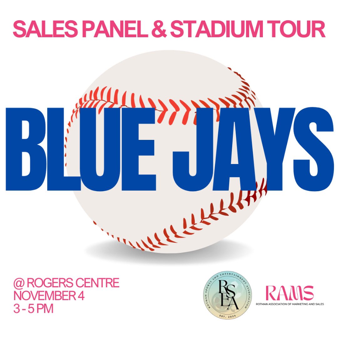 Rotman_RAMS's tweet image. Join RSEA and RAMS for an exclusive Blue Jays Sales Panel and a behind-the-scenes stadium tour at Rogers Centre! ⚾ 

📅 Date: November 4
🕒 Time: 3:00–5:00 PM
📍 Location: Rogers Centre

Register on the HUB now—spots are limited!