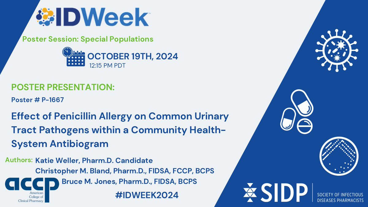 <a href="/IDWeekmtg/">IDWeek</a> <a href="/accpinfdprn/">ACCP INFD PRN</a> <a href="/Molly_M_Miller/">Molly Miller</a> <a href="/bergmanscott/">Scott Bergman</a> <a href="/RichardJHankins/">RichardHankins</a> <a href="/BrookRingsdorf/">brook</a> <a href="/tennawitz/">STennantrophomonas</a> <a href="/PK_asempa_PD/">Tomefa Asempa</a> More work from <a href="/blandman19/">Chris Bland</a> <a href="/Bruce_M_Jones/">Bruce M. Jones</a> &amp; colleagues! Penicillin allergies can have a significant impact on common urinary pathogens within a health-system antibiogram #IDWeek2024 #SIDP2024 <a href="/IDWeekmtg/">IDWeek</a> <a href="/sidpharm/">SIDP</a> <a href="/accpinfdprn/">ACCP INFD PRN</a> (6/6)