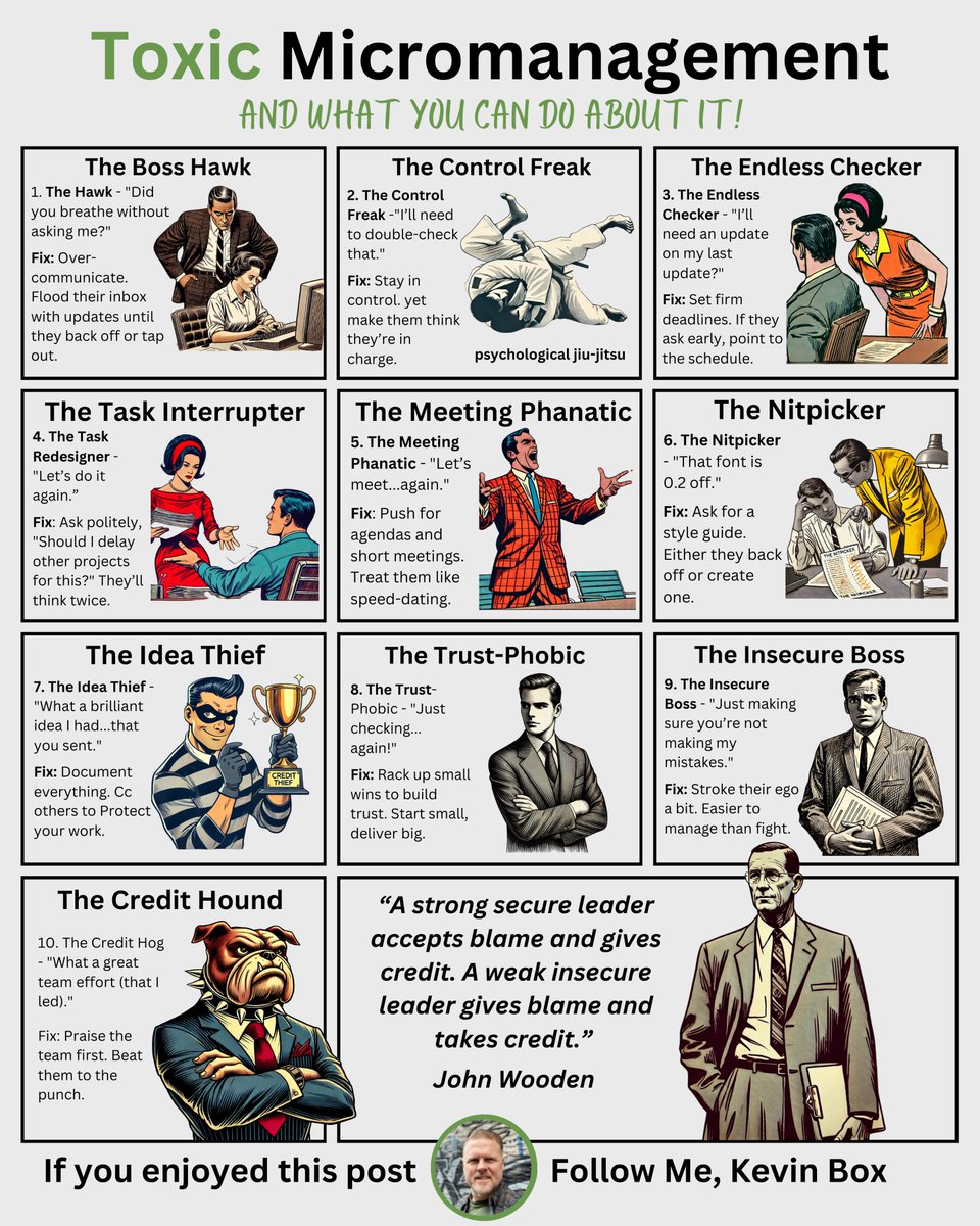 Fuel_YourGrowth's tweet photo. Micromanagement is the enemy of innovation!
 
In this Fuel Your Growth matrix, we explore 10 types of micromanagers and how to deal with each.
 
The 10 types we deep dive are: 
 
1. The Boss Hawk
2. The Control Freak
3. The Endless Checker
4. The Task Interrupter 
5. The Meeting Phanatic
6. The Nitpicker 
7. The Idea Thief 
8. The Trust-Phobic
9. The Insecure Boss
10. The Credit Hog

If you like this post, ♻ 𝗥𝗲𝗽𝗼𝘀𝘁 to educate your network and 𝗳𝗼𝗹𝗹𝗼𝘄 𝗺𝗲 @Fuel_YourGrowth