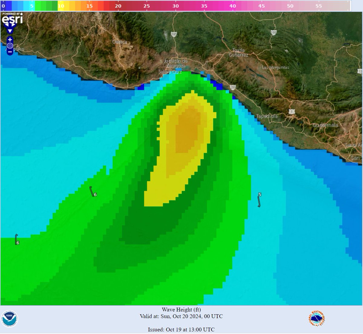 NHC_TAFB's tweet photo. 10/19 - #GaleWarning remains in effect for the Gulf of Tehuantepec. Gale force N winds of 35-40 kt and seas of 10-12 ft (3-4 m) will occur through late tonight. Fresh to strong N winds will occur Sun into early next week. More at https://t.co/26J6Uoh0VW #marinewx #Tehuantepec https://t.co/womIu5xiKA
