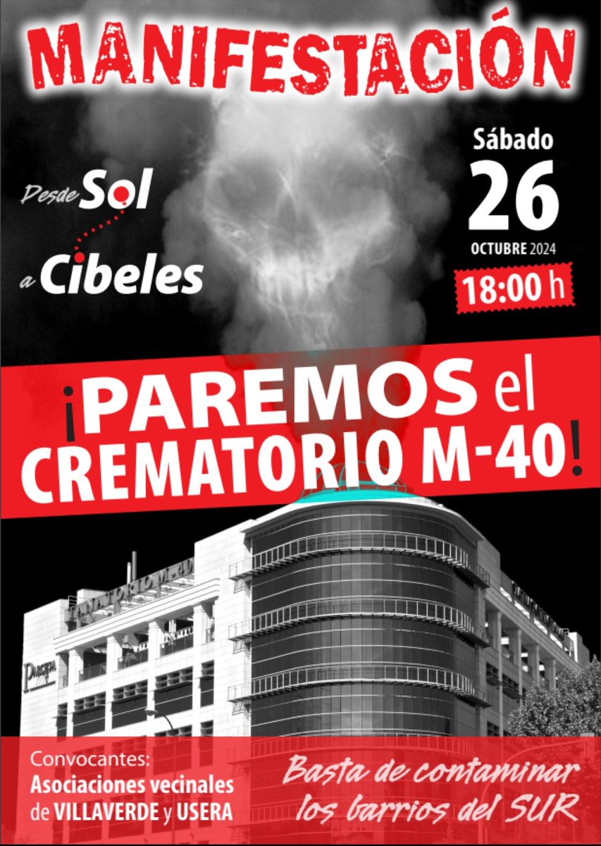 El próximo sábado saldremos junto a nuestros vecinos y vecinas a las calles de Madrid para decir
#NoAlCrematorioM40
Basta de ser el vertedero de la ciudad 
#LosBarriosDelSur