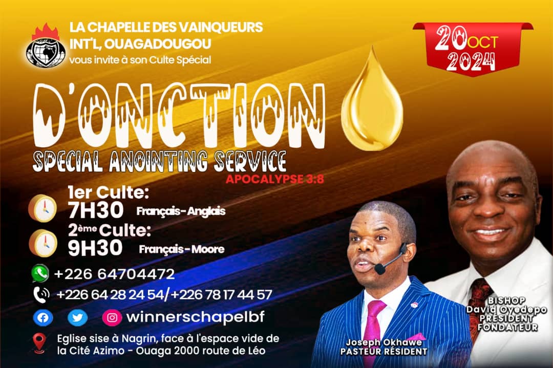 winnerschapelbf's tweet photo. Adorez Dieu avec nous à notre culte d'onction de ce dimanche 20 octobre 2024.
Heures des cultes :
7 h 30 et 9 h 30
Orateur : Pasteur Joseph OKHAWE
Jésus est Seigneur !
#onction #AnointingService #fortune2024 #IAmAWinner https://t.co/fs8L8KmOsV