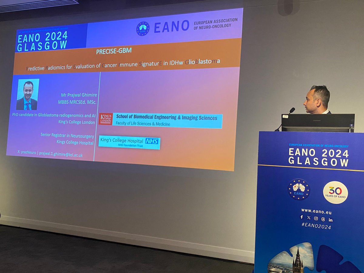 PrazNeuro's tweet photo. “Thrilled to present our study at#EANO2024! Our AI-based radiomics model predicts immune status in IDH wildtype #glioblastoma with high accuracy. Exciting potential for future #immunotherapy trials! #AI #Radiogenomics #GBM #PRECISEGBM @KingsImaging @EANOassociation https://t.co/Q72UmoahrC