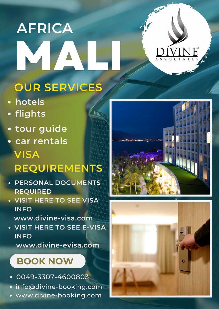 DivineAssociat's tweet image. Discover africa MALI with Divine Associates Ltd. Visa, car rental, hotel booking, and expert tour guide services available.  
#DivineTravel #MALI #VisaExpert #VisaSolutions #visa #GlobalVisa