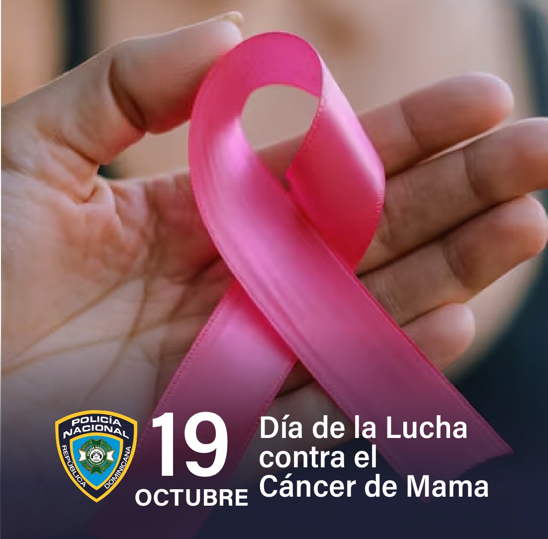 PoliciaRD's tweet photo. Este 19 de octubre, la Policía Nacional se une a la conmemoración del Día Mundial de la Lucha contra el Cáncer de Mama, reafirmando nuestro compromiso con la salud y el bienestar de nuestros miembros y de toda la sociedad.

Hoy recordamos la importancia de la prevención, detección temprana y el acceso a tratamientos adecuados. Instamos a todos a realizarse los controles periódicos y autoexploraciones necesarias, porque prevenir salva vidas.

Reconocemos y apoyamos a quienes enfrentan esta batalla con valentía y a las familias que les acompañan en el camino. Juntos, con solidaridad y esperanza, avanzamos hacia una sociedad más consciente y fuerte.

Desde la Policía Nacional, reafirmamos que proteger y servir también implica cuidar la salud de nuestra comunidad.

 ¡Hagamos de la prevención una prioridad!