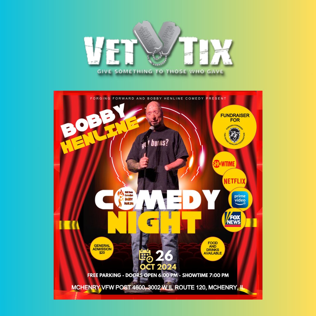 Vet Tix has some Bobby Henline Comedy Show tickets posted for McHenry, IL! Thanks for working with Bobby Henline Comedy and Bobby Henline Foundation, Vet Tix!

loom.ly/S7C_8bU

#mchenry #illinois #comedy #comedian #welldonecomedian #bobbyhenline #82airborne #aatw