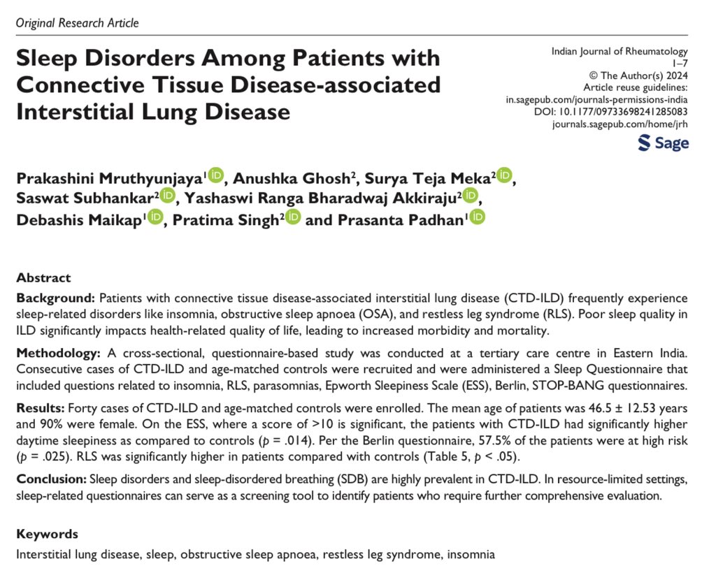 🔹Sleep disorders are more prevalent in CTD-ILD 
🔹Pay close attention to symptoms of restless leg syndrome 
🔹Address mental health 
🔹A quick questionnaire can screen 

👇🏼
doi.org/10.1177/097336…