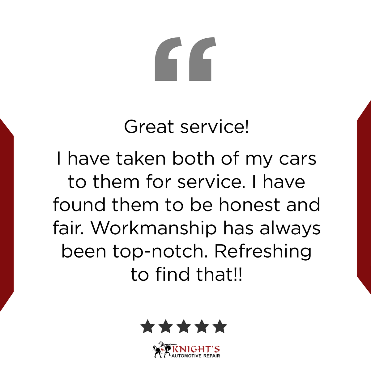 knightsauto's tweet photo. We love our customers! Thank you for the great review.
-
-
#autoshop #mechanic #carmaintenance #auto #Ledgewood #familyowned #familyoperated #reliable #dedicated #family #trusted #AAA #local https://t.co/tgwcolkKzC