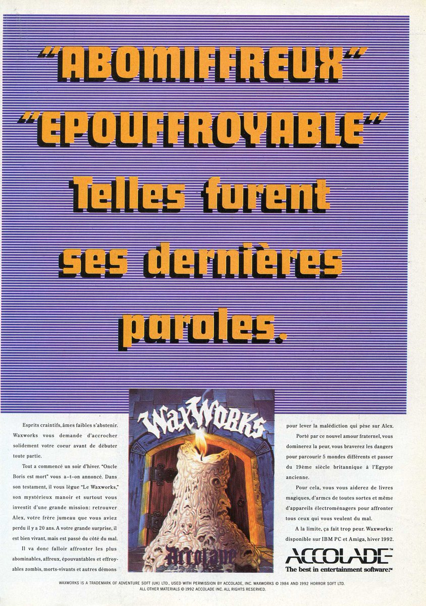 AllmightoFranky's tweet photo. La publicité du jour,bonjour!De la pub vue dans un magazine #Joystick.Deux pub pour des jeux de chez #Accolade, #StarControl2 et #WaxWorks!Puis une superbe double page pour le jeu #CoolWorld inspiré du film,sur #PC,#Amiga et #AtariST!#retro #retrogaming #80s #90s #micro https://t.co/BYHE99wQqf