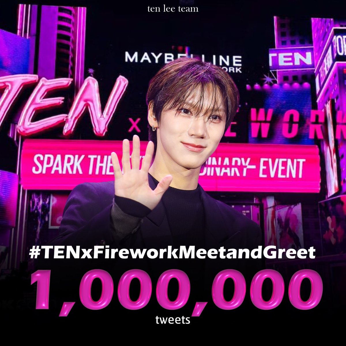 Congratulations! 💜💜💜❤️‍🔥🎊🎉🎉🎉🎉
Hashtag for TENLEE is surpassed 1M tweets! 

      #TENxFireworkMeetandGreet

1.01M Tweets🎉🎉

TEN X MAYBELLINE EVENT