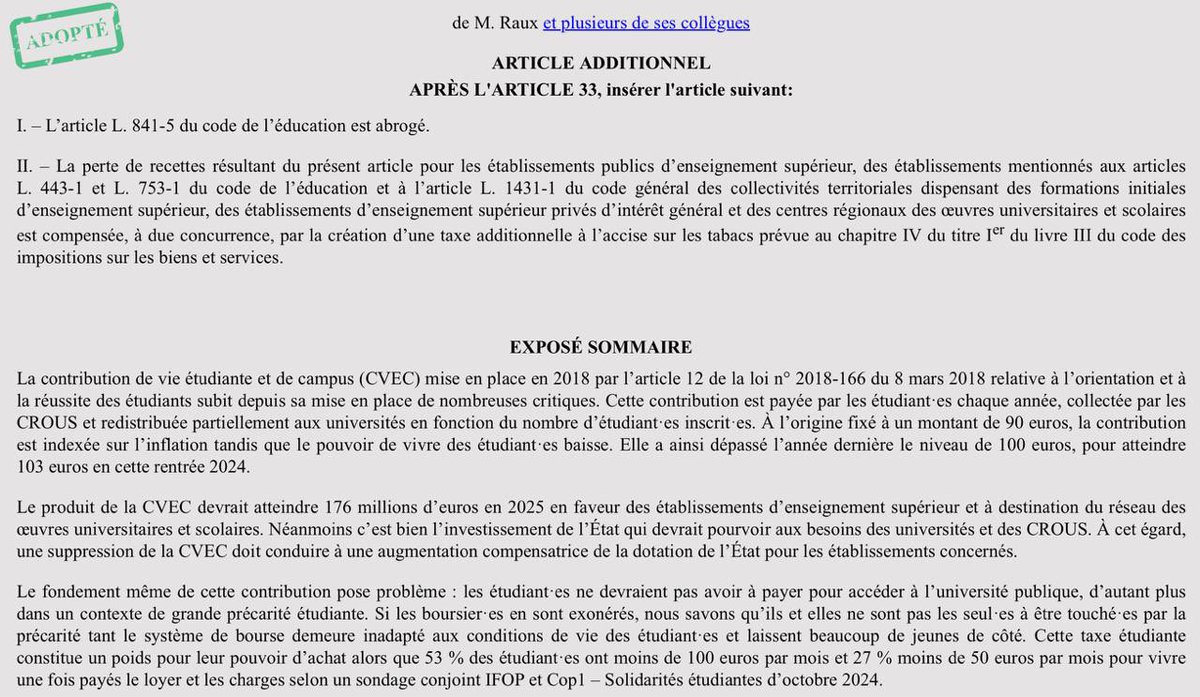 Mon amendement de suppression de la CVEC est adopté en commission ! 

Une réponse d’urgence à la précarité étudiante et une attente forte des syndicats. 

L’Assemblée l’avait déjà adopté l’année dernière. Au Gouvernement maintenant de l’accepter.