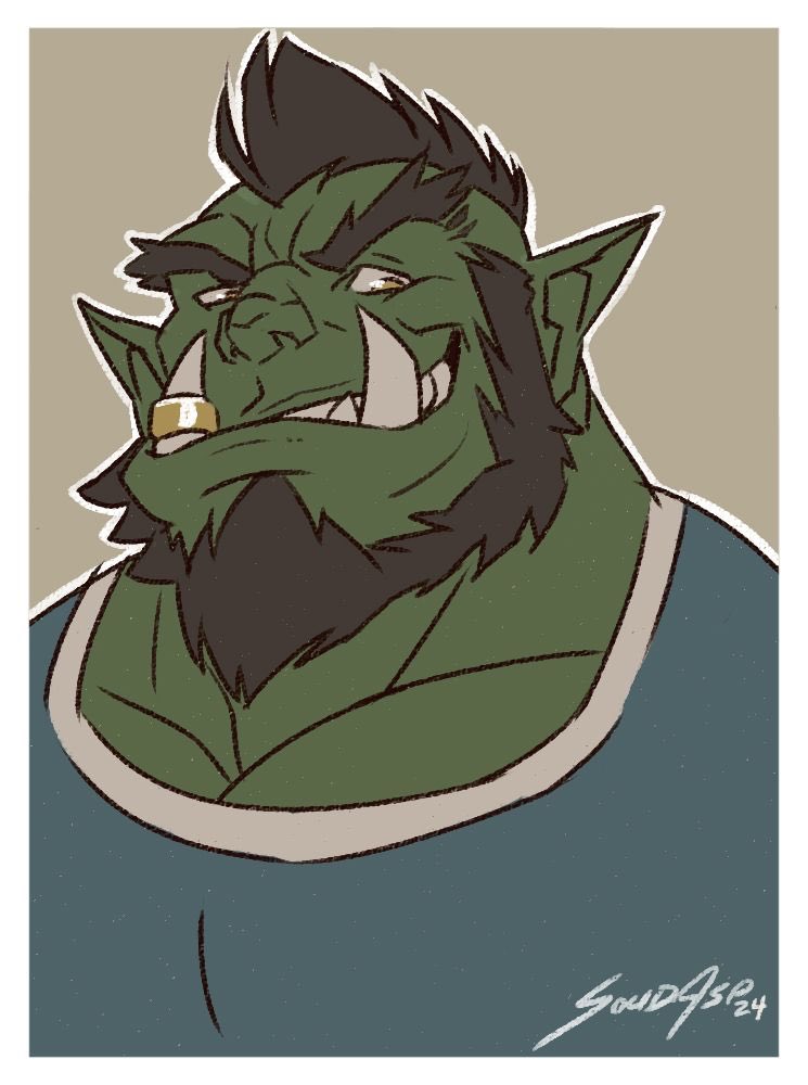 MonstrousMeat's tweet photo. In honor of the season, it’s Garaak looking handsome and devious! Art by @solidasp — thank you! #orctober https://t.co/6IGsQo0CUa