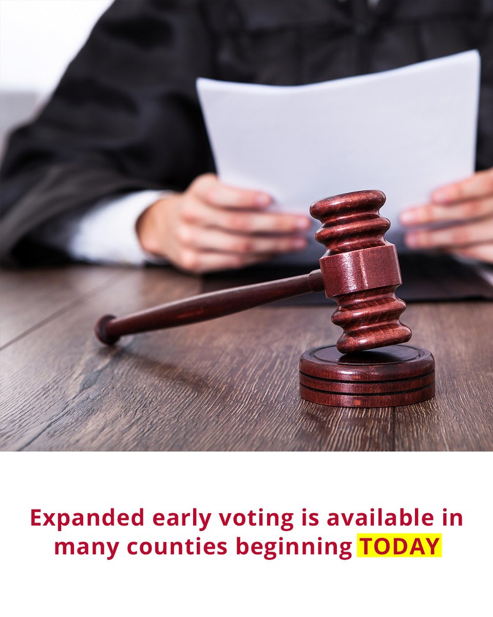 Expanded Early Voting Begins Today!

Saturday, Oct. 19 - Saturday, Nov. 2, 2024

Please check with your county clerk on polling locations.