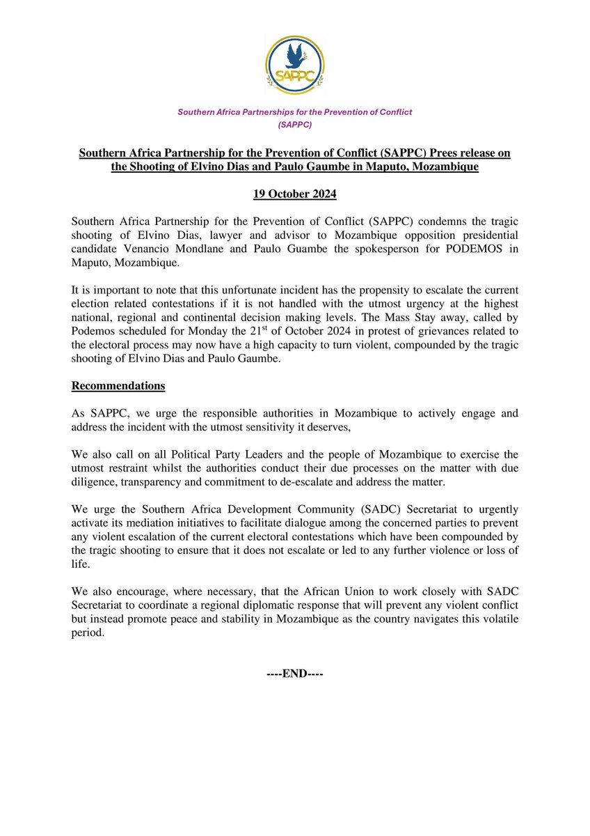 SAPPC - CEWS 🕊 (@sappcpeace) on Twitter photo We note with concern the tragic Shooting of #AlvinoDias & #PauloGaumbe in #Maputo #Mozambique. The incident has the propensity to violently escalate the already volatile electoral contestation. #MozambiqueElection <a href="/SADC_News/">SADC Secretariat</a> <a href="/AUC_MoussaFaki/">Moussa Faki Mahamat</a> <a href="/antonioguterres/">António Guterres</a> #Peace We note with concern the tragic Shooting of #AlvinoDias & #PauloGaumbe in #Maputo #Mozambique. The incident has the propensity to violently escalate the already volatile electoral contestation. #MozambiqueElection <a href="/SADC_News/">SADC Secretariat</a> <a href="/AUC_MoussaFaki/">Moussa Faki Mahamat</a> <a href="/antonioguterres/">António Guterres</a> #Peace