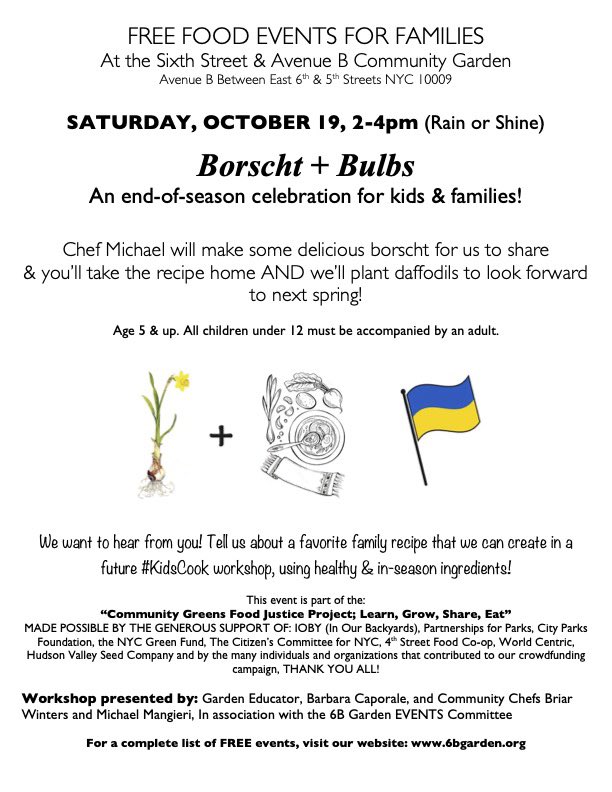 6BGarden's tweet photo. Today 10/19 in the garden, our last kids cooking program event of the season: BORSCHT &amp; BULB PLANTING! 2-4pm https://t.co/p4m1DGeRti