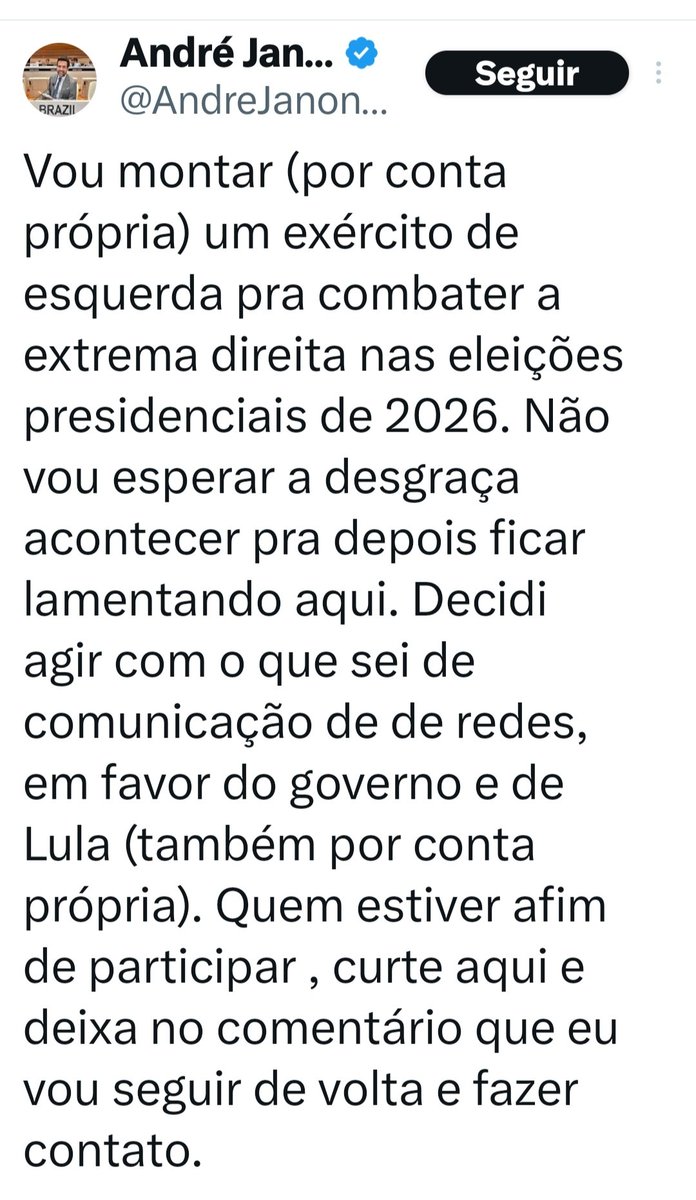 🇧🇷🗣️🔥Pronto Falei #VozesProgressistas 
Não entre nessa do Janones, 'agir por contra própria?' Como se o campo progressista não agisse para combater a extrema-direita bolsonarista? Onde ele estava no golpe contra Dilma? Na prisão política do Lula? Esquerda unida, não dividida 🗣️