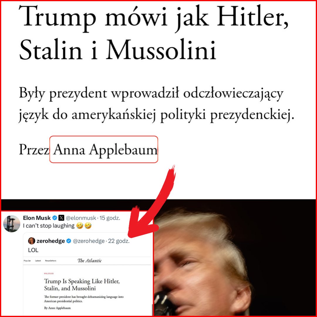 KonradBerkowicz's tweet photo. Na ten artykuł zareagował Elon Musk, więc równie dobrze Donald Trump też mógł go zobaczyć. Napisała go Anne Applebaum czyli żona Radosława Sikorskiego, podkreślam - ministra spraw zagranicznych i człowieka z ambicjami na prezydenta kraju. Drżę o Polskę. https://t.co/OQ792bhr0k