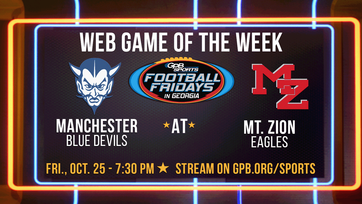 GPB Sports (@gpbsports) on Twitter photo Our upcoming GPB Web Game of the Week is the <a href="/MHSBlueDevils21/">Manchester High School Football</a> vs. <a href="/MZRecruits/">Mount Zion Eagles Football</a> matchup 🏈
Join us live from Donald L. Nixon Stadium on Friday, October 25th at 7:30 p.m.
Game info 🔗 bit.ly/4dQX1TC| #GPBSports Our upcoming GPB Web Game of the Week is the <a href="/MHSBlueDevils21/">Manchester High School Football</a> vs. <a href="/MZRecruits/">Mount Zion Eagles Football</a> matchup 🏈
Join us live from Donald L. Nixon Stadium on Friday, October 25th at 7:30 p.m.
Game info 🔗 bit.ly/4dQX1TC| #GPBSports