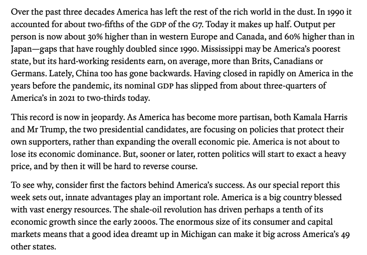 RichardHanania's tweet photo. The Economist on the American economic miracle:

Over the past three decades America has left the rest of the rich world in the dust. In 1990 it accounted for about two-fifths of the gdp of the G7. Today it makes up half. Output per person is now about 30% higher than in western Europe and Canada, and 60% higher than in Japan—gaps that have roughly doubled since 1990. Mississippi may be America’s poorest state, but its hard-working residents earn, on average, more than Brits, Canadians or Germans. Lately, China too has gone backwards. Having closed in rapidly on America in the years before the pandemic, its nominal GDP has slipped from about three-quarters of America’s in 2021 to two-thirds today.

Every new ideology in American society is about how it is broken. Our chattering class has become mental due to the internet and social media. Their misery doesn't reflect what is happening in society.
