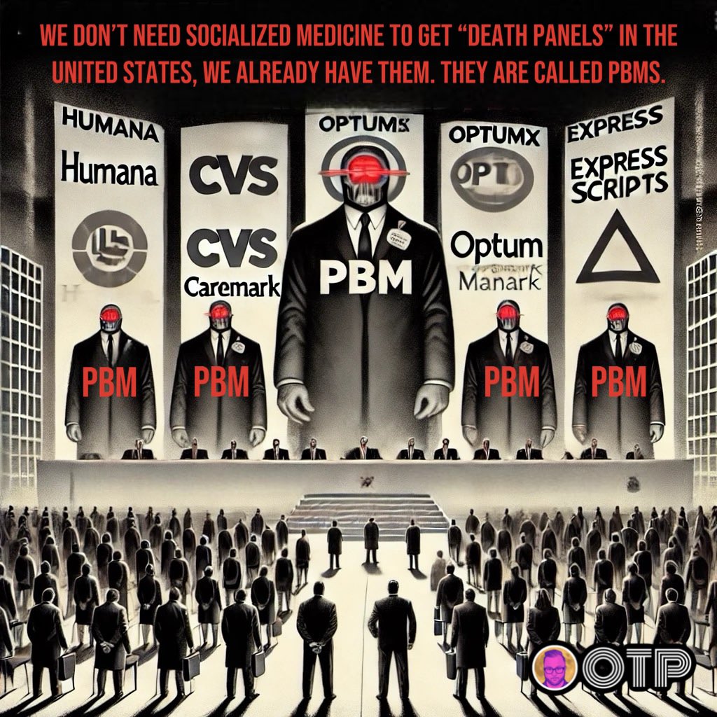 ManOnThePen's tweet photo. Hot Take: 

We don’t need socialized medicine to get “death panels” in the United States, we already have them. They are called PBMs.

#pbmreform #pbm #humana #cvscaremark #optumrx #expressscripts https://t.co/Do62PTgb7R