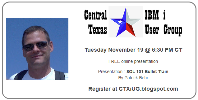 Next meeting of <a href="/CTXiUG/">Central Texas IBM i User Group</a> is on Tuesday November 19. We welcome Patrick Behr (<a href="/P_Behr/">Patrick Behr</a>) as our guest. He will be talking about the "SQL 101 Bullet Train" (what a great title). You will not want to miss this! 🚆
Learn more &amp; register ➡️ ctxiug.blogspot.com/2024/10/novemb…
#IBMi #AS400 #iSeries