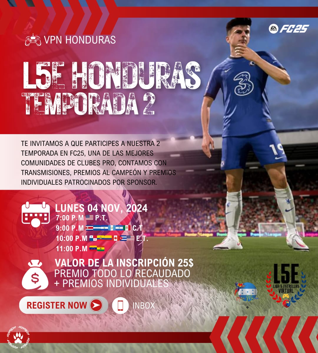 🚨 HAY CUPOS AÚN 🚨

💰 Inscripción $25
💰 Premio todo lo recaudados
⚽ Ya tenemos 12 equipos
🫡 Extra premios individuales

🎮
*HORARIO L5E*
LUNES Y MIÉRCOLES
8:00 🇺🇸 P.T.
9:00 🇨🇷🇭🇳🇸🇻🇬🇹🇳🇮 
10:00 🇵🇦🇪🇨🇨🇴🇺🇸 C.T.
11:00 🇻🇪🇵🇷🇧🇴🇨🇦🇺🇸 E.T.

#Liga5Estrellas #ProClubs #VPNHonduras #EAFC25