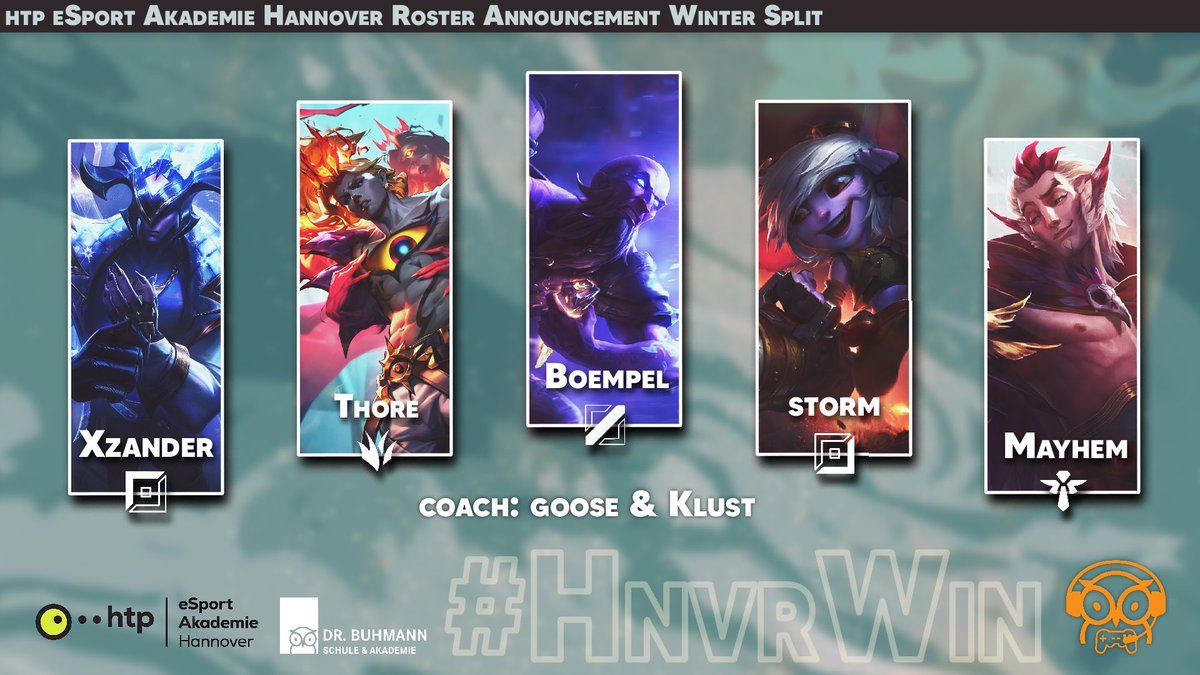 BackupHNVR's tweet photo. In LoL geht es zusammen mit htp in die DIV 3 🔥 

Top: @Xzander2901 
Jungle: @ThoreSchmore 
Mid: @boemp_league 
ADC: @storm_lol_ger 
Support: @Mayhem__lol 

Coaching Staff: @levin_klust &amp; @gooselol1 https://t.co/SfHzw7Htrw