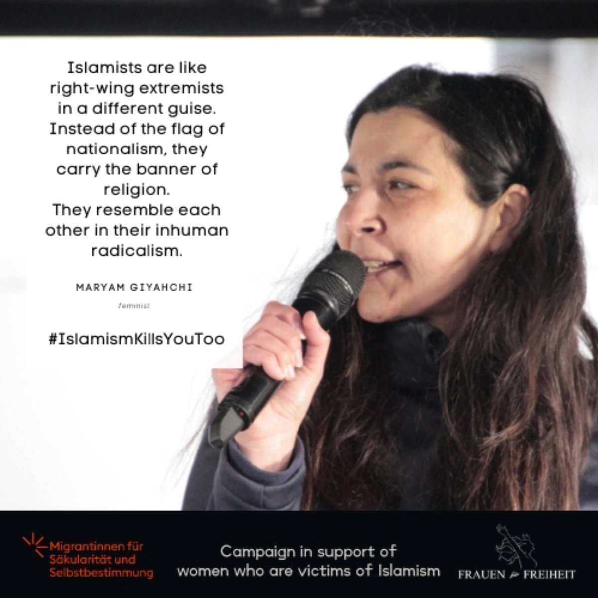 FrauenfFreiheit's tweet photo. Maryam Giyahchi is of Iranian decent and grew up in a household where she learnt from an early age what it means to be on the radar of the regime in Iran. Her parents, having fled Iran, wanted her to stay out of politics to protect their daughter.
But Maryam could not keep quiet, https://t.co/TbprKp4FVq