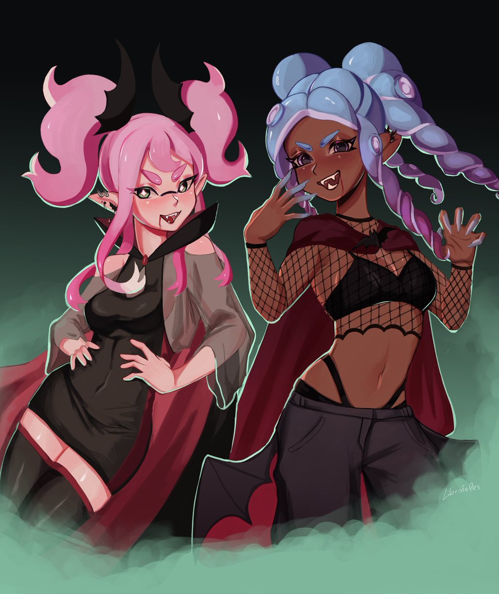 My splatoon OCs Felin and Risha as vampires! I love vampires 🦇 Happy spooky month!!