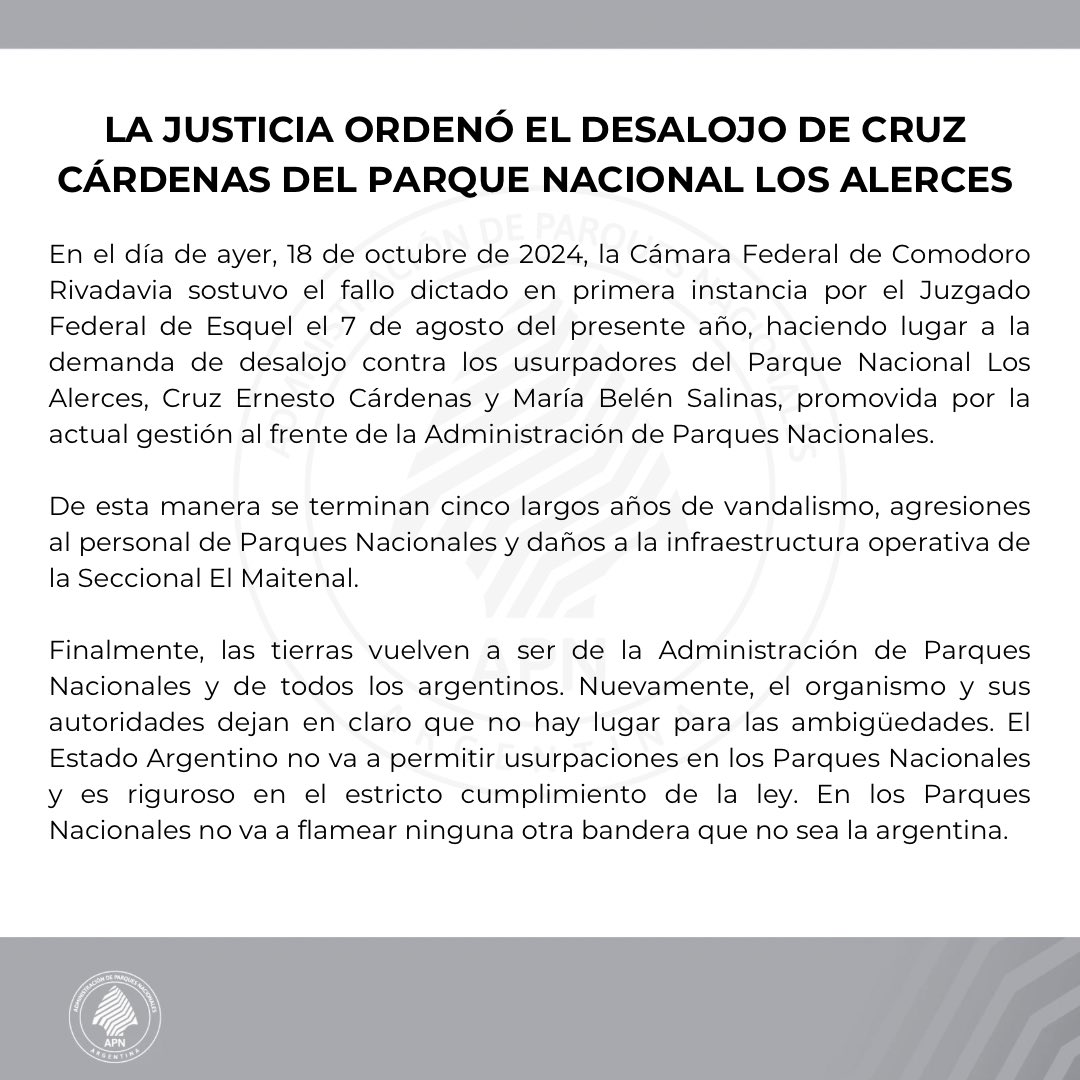 LA JUSTICIA ORDENÓ EL DESALOJO DE CRUZ CÁRDENAS DEL PARQUE NACIONAL LOS ALERCES