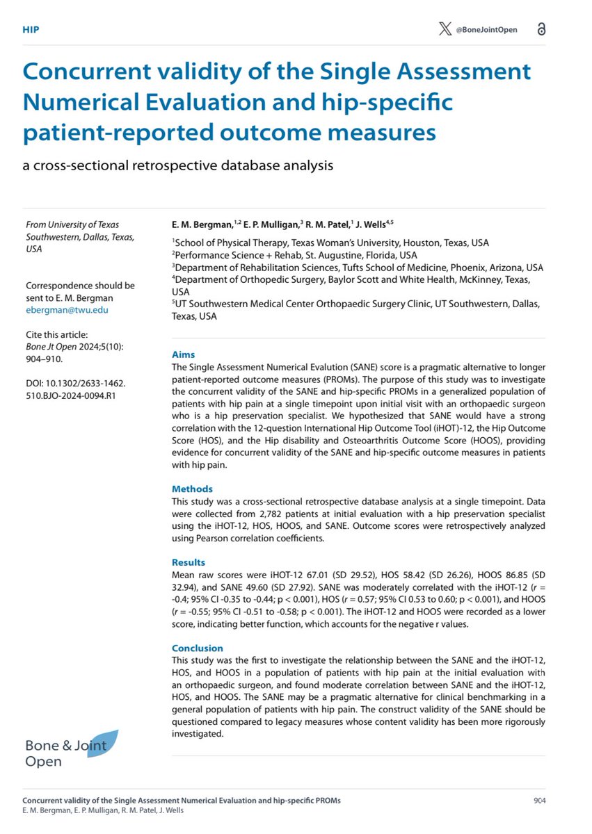 joelwellsmd's tweet photo. Can a single numerical assessment be useful in patients with hip pain? Amazing work and drive by @LibbyBergmanPT #teamhip Understanding and tracking patient outcomes is so important to help improve patient care https://t.co/3TTW0eM9Ge https://t.co/bfvUKNygiV