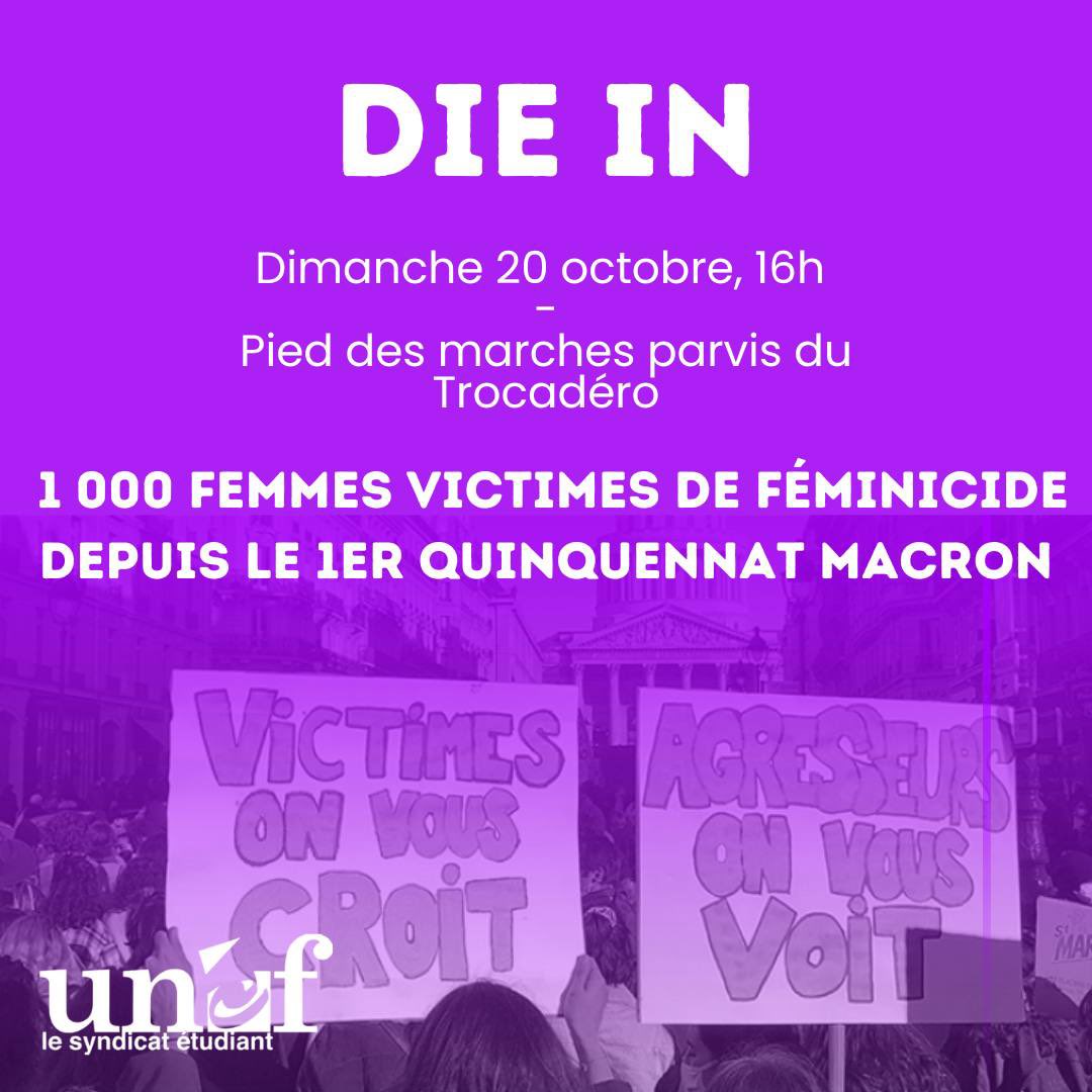 En mémoire de toutes les femmes tuées sous les coups de leur conjoint ou ex-conjoint, l’UNEF appelle à participer au die in le 20/10. 

Des moyens doivent être mis sur la table pour mettre fin au fléau des féminicides !