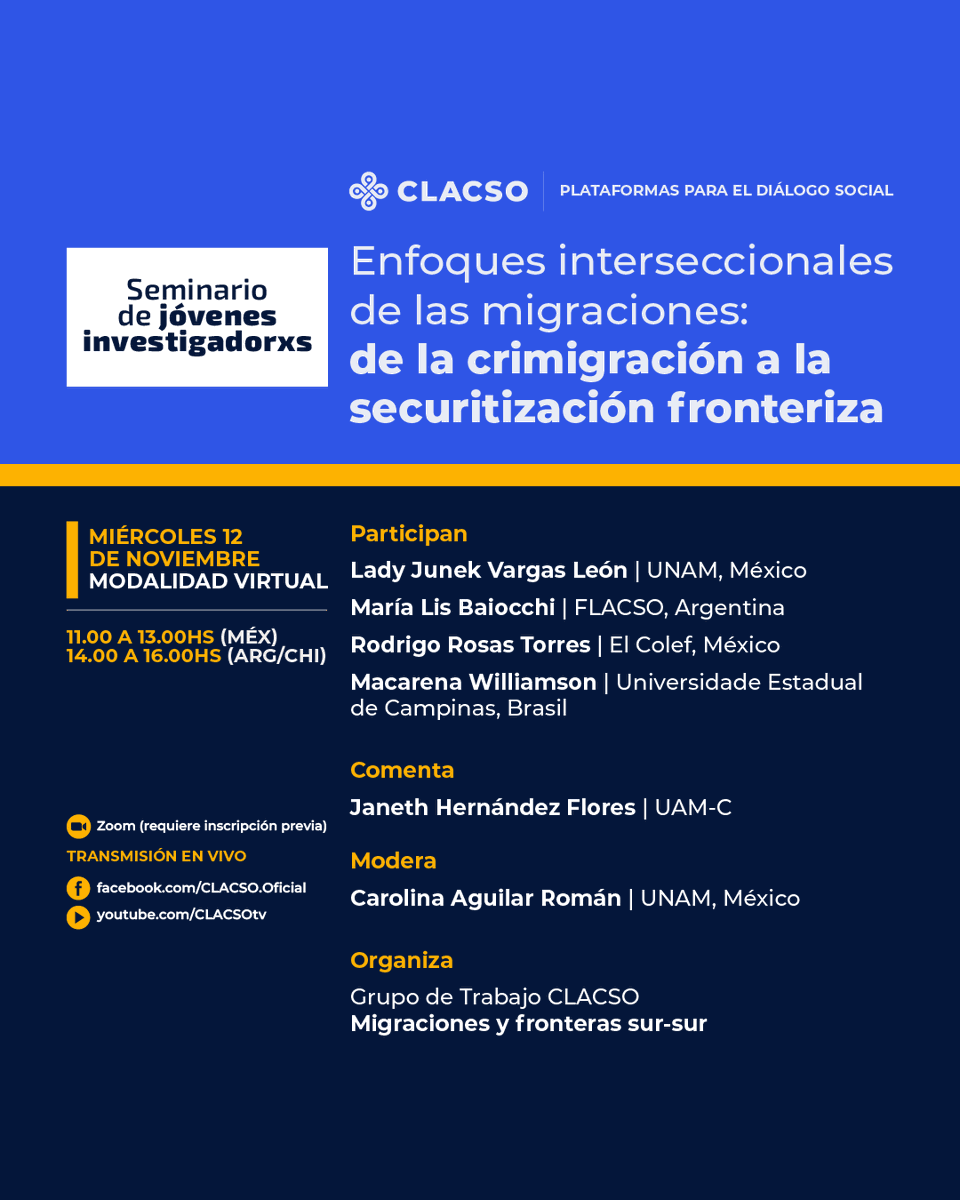 Sumense a la escucha de este Seminario de jóvenes investigadorxs del GT <a href="/MigraFrontSur/">Migraciones y Fronteras Sur-Sur</a> de <a href="/_CLACSO/">CLACSO</a>

🗓️ 12 de noviembre 2024
📍 virtual: transmisión en vivo en YT y  FB

Participamos dos compas de la colectiva feminista <a href="/NarrativasFront/">Narrativas de Fronteras</a>