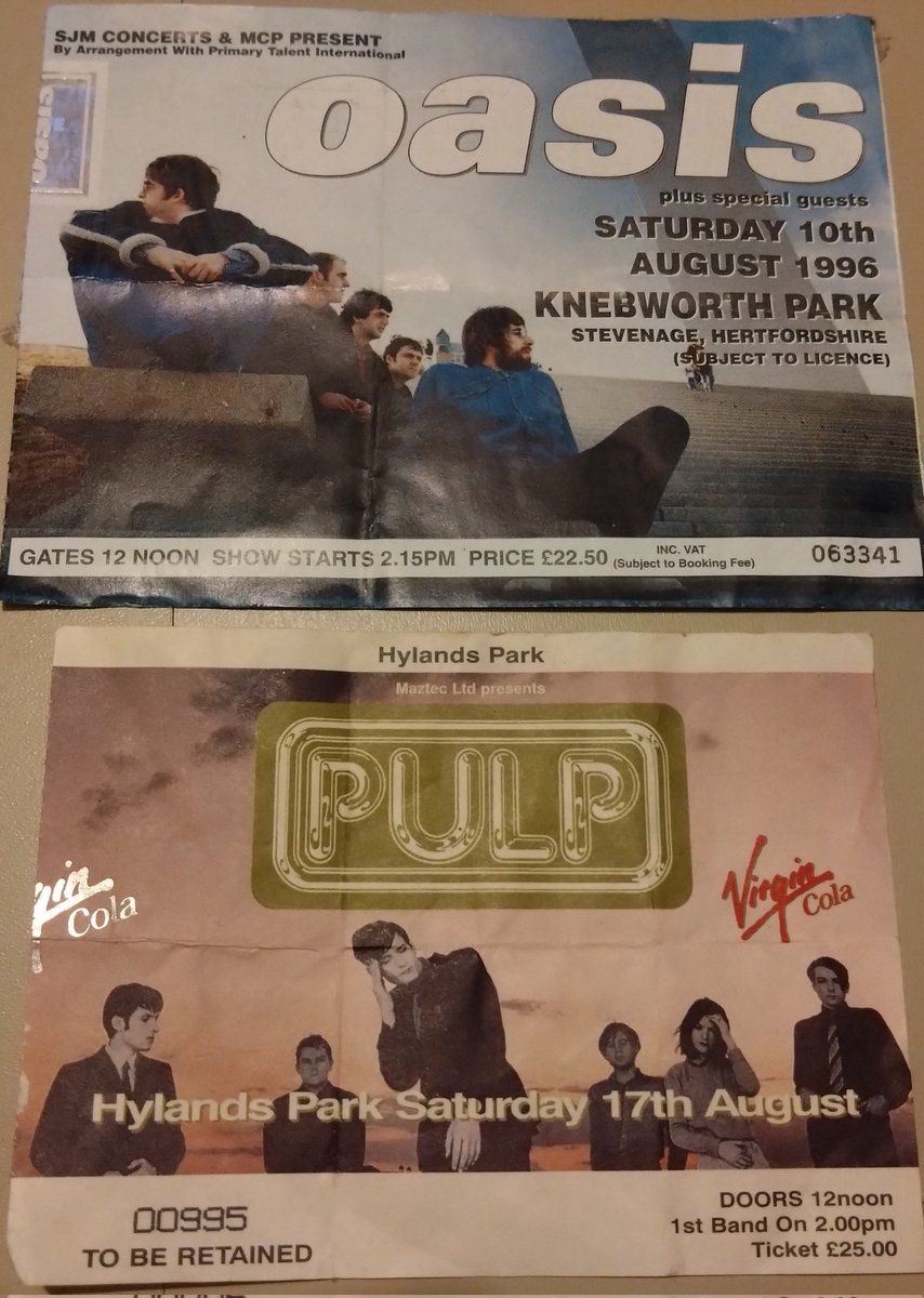 PaulCole's tweet photo. Just found these two in an old box. What a summer 1996 was! Check the prices too - allowing for inflation, these would both be under £50 today. Knebworth was amazing, but given the choice now I'd go and see @welovepulp https://t.co/FIpCag1Prw