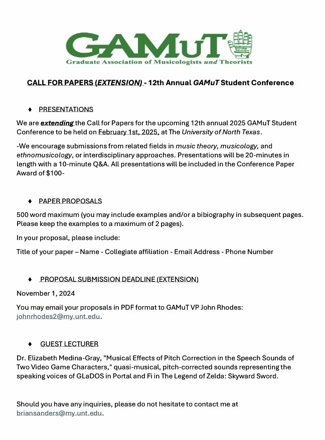 We are extending the Call for Papers for the 12th Annual GAMuT Student Conference to November 1st. We are so looking forward to your submission in music theory, musicology, ethnomusicology, and interdisciplinary studies with innovative approaches and research.