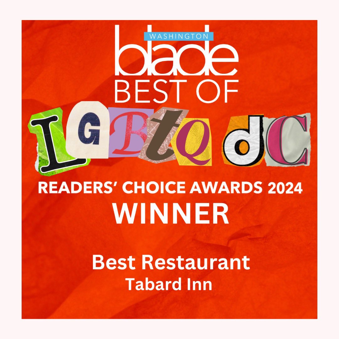 Hotel Tabard Inn-WDC (@tabard_inn) on Twitter photo We are honored to win Best Restaurant in the <a href="/WashBlade/">Washington Blade</a>’s 2024 Best of LGBTQ DC Awards! Our staff including Chef de Cuisine, Sarah Kwon were honored to accept this award at the Blade’s celebration this week. washingtonblade.com/2024/10/17/bes…
#dc #dcrestaurant #dcdining #dupontcircle We are honored to win Best Restaurant in the <a href="/WashBlade/">Washington Blade</a>’s 2024 Best of LGBTQ DC Awards! Our staff including Chef de Cuisine, Sarah Kwon were honored to accept this award at the Blade’s celebration this week. washingtonblade.com/2024/10/17/bes…
#dc #dcrestaurant #dcdining #dupontcircle