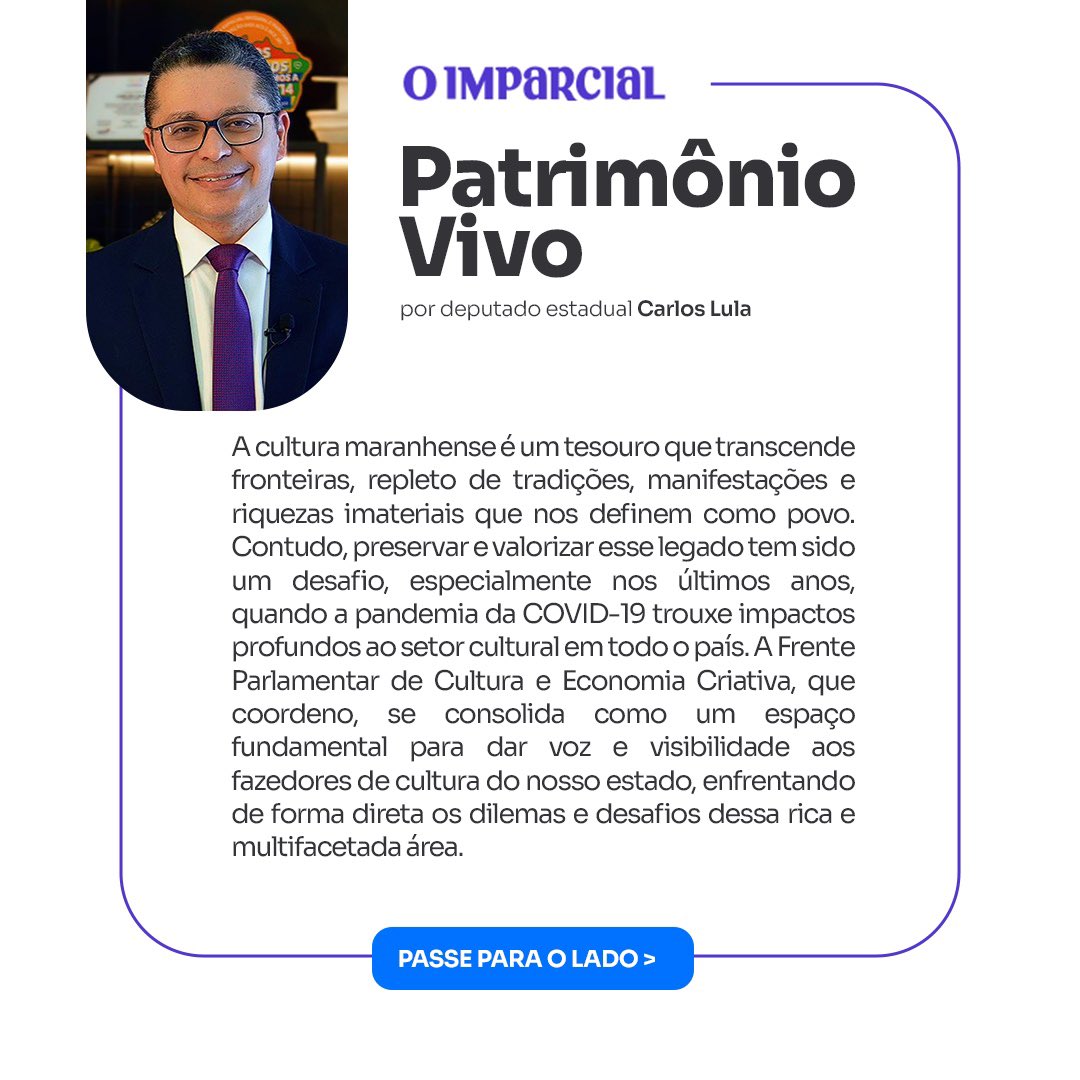 📰 No artigo publicado no Jornal O Imparcial, neste sábado, reforço o meu compromisso parlamentar com a nossa cultura, patrimônio imaterial do povo maranhense.

Bom sábado! 
Segue o fio 🧶