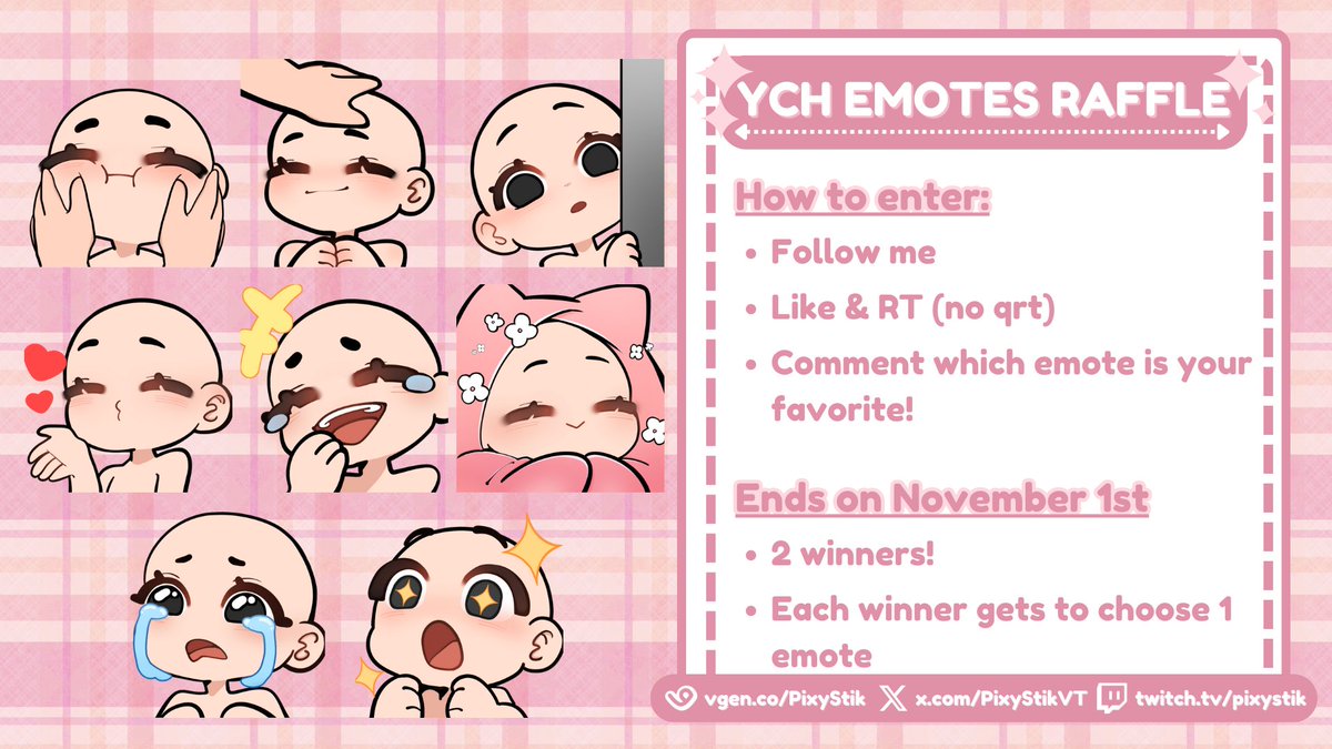 Pixy_VT's tweet photo. ˗ˏˋ ♡︎ YCH Emote Raffle/Giveaway! ♡ ˎˊ˗

♡ 2 winners
♡ Each winner will get 1 emote of their choice

Rules:
- Follow me
- Like & RT (no qrt)
- Comment which emote is your favorite!
- (Optional) Comment your design
- Ends on November 1st!

Good luck everyone! ⸜(｡˃ ᵕ ˂ )⸝♡
#Vtuber #Giveaway #Raffle #emotes #twitchemotes