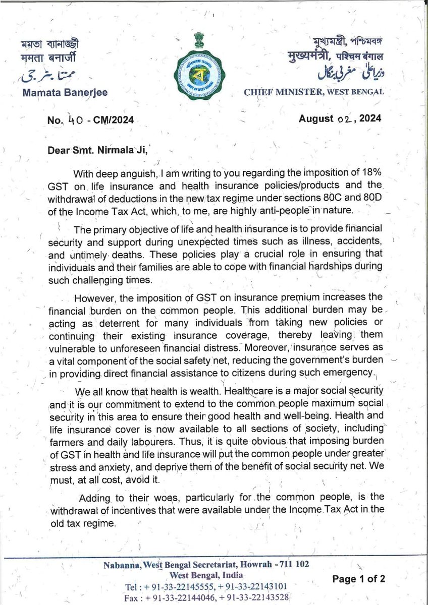 MamataOfficial's tweet photo. Our sustained efforts appear to be paying  dividends – the Central Government looks like being further pressurised towards finally succumbing to our demands to withdraw/ modify the unjust 18% GST on health and life insurance products/policies. 

I had personally written to the Union Finance Minister (see the letter below), warning how their decision to keep 18% GST on health and medical insurances would deter vulnerable individuals from securing or maintaining their insurance coverage.

Now, the reported rollback move suggested by the Group of Ministers of the GST Council today is significant, though it is not coming out of goodwill. It is coming because of the relentless pressure from our side. Our leaders have stood firm against anti-people policies that would harm the common people. Our MPs have been fighting, and our Finance Minister fought very well in the Group of Ministers today. 

The final decision of GST Council, if it finally relents, will bring much-needed relief to millions of families across the country. We remain committed to putting the people's interests at the forefront of every decision.

We, however, anxiously wait to see the final shape and conditions  of the eventual decision of GST Council and we remain sentinels of people!