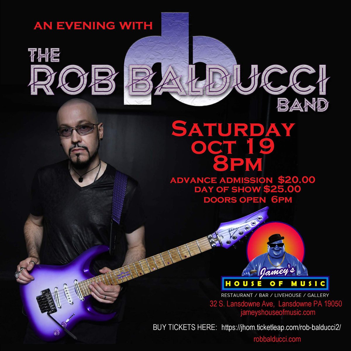 Tonight  SAT OCT 19 , Lansdowne PA This is worth the roadtrip !! DO IT 🤩🎸🙏🤟🏻😎😆Please join us at Jamey's House of Music tonight Saturday Oct 19 for this SPECIAL SHOW   “An Evening with”  The Rob Balducci Band. GET Tickets: jhom.ticketleap.com/rob-balducci2/