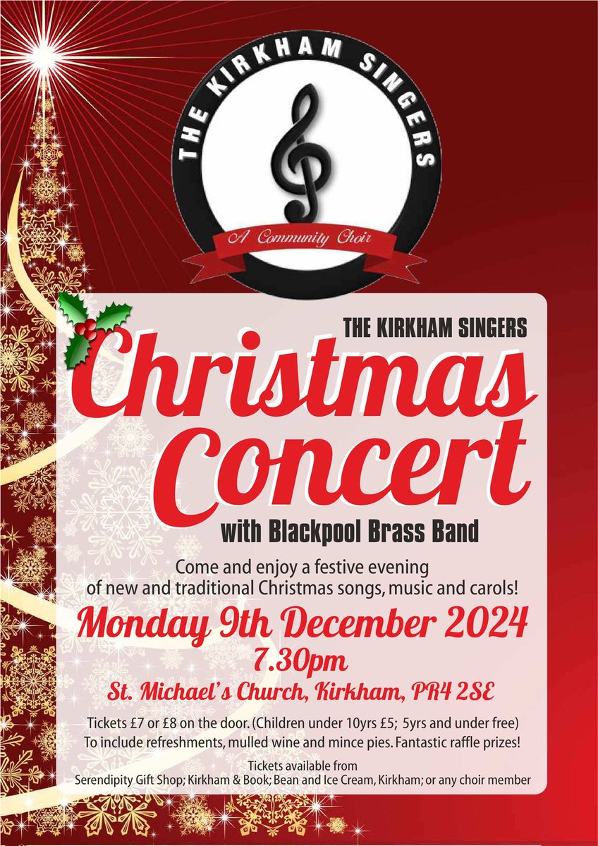 Come and enjoy the festivities with an evening of  Christmas Music and Carols on Monday 9th December at 7:30pm <a href="/kirkhamstmicks/">St Michael's Parish Church, Kirkham</a>   performed by The Kirkham Singers and wonderful music from <a href="/Blackpool_Brass/">Blackpool Brass</a>
Tickets from <a href="/SerendipityKirk/">Serendipity House</a> and <a href="/SilverDellBooks/">Book, Bean & Ice Cream</a> and choir members.