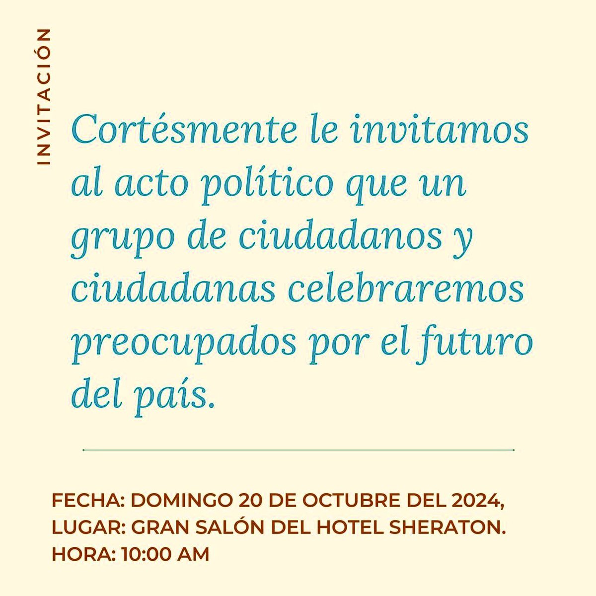 Mañana domingo, a las 10 a.m., hablaremos al país desde el hotel Sheraton. ¡Algo nuevo se avecina! La política, como ejercicio ético y al servicio del bien común, es un compromiso, y mucho más en estos difíciles momentos que vive el pueblo dominicano.