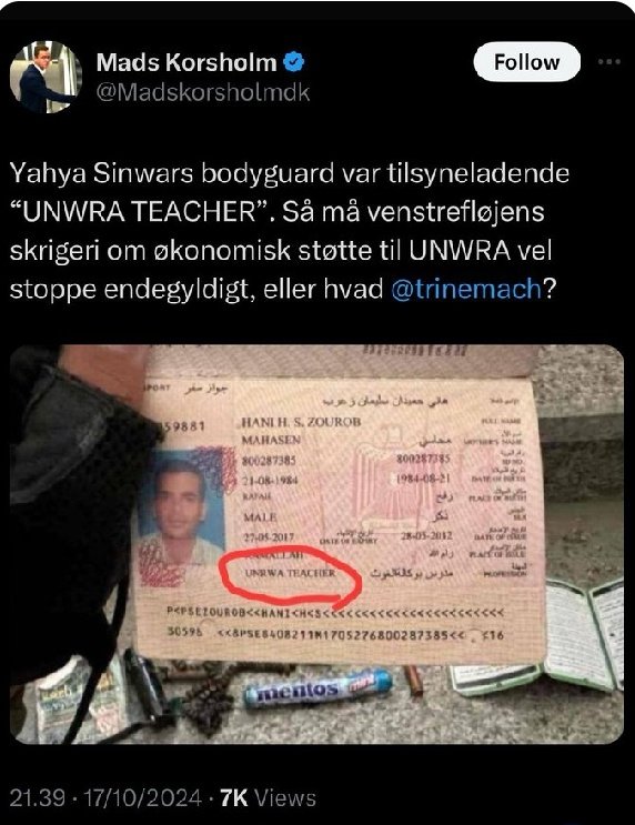 steffen_groth's tweet image. Skræmmende så modtagelig offentligheden er for falsk propaganda fra Confino mfl. mod FN og UNRWA. Samtidig med offentliggørelsen af Sinwars død spredes med lynets hast en falsk historie om, at Hamaslederens dræbte bodyguard var UNRWA-lærer. Desinformationen når også til dk. 1/5