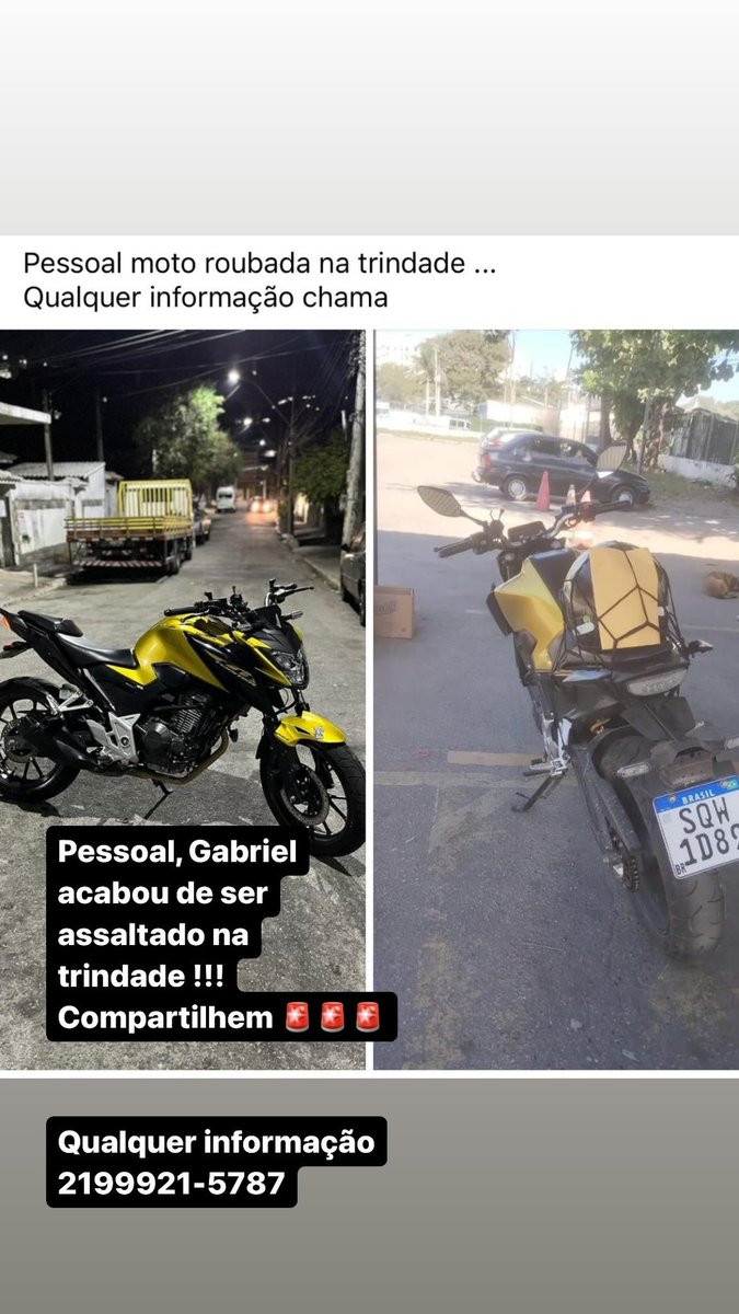 Pessoal minha moto foi roubada por volta de 22:00 ontem na trindade ! Quem puder ajudar e compartilhar !
Moto de trabalho do meu sustento e da minha família de cada dia 😔