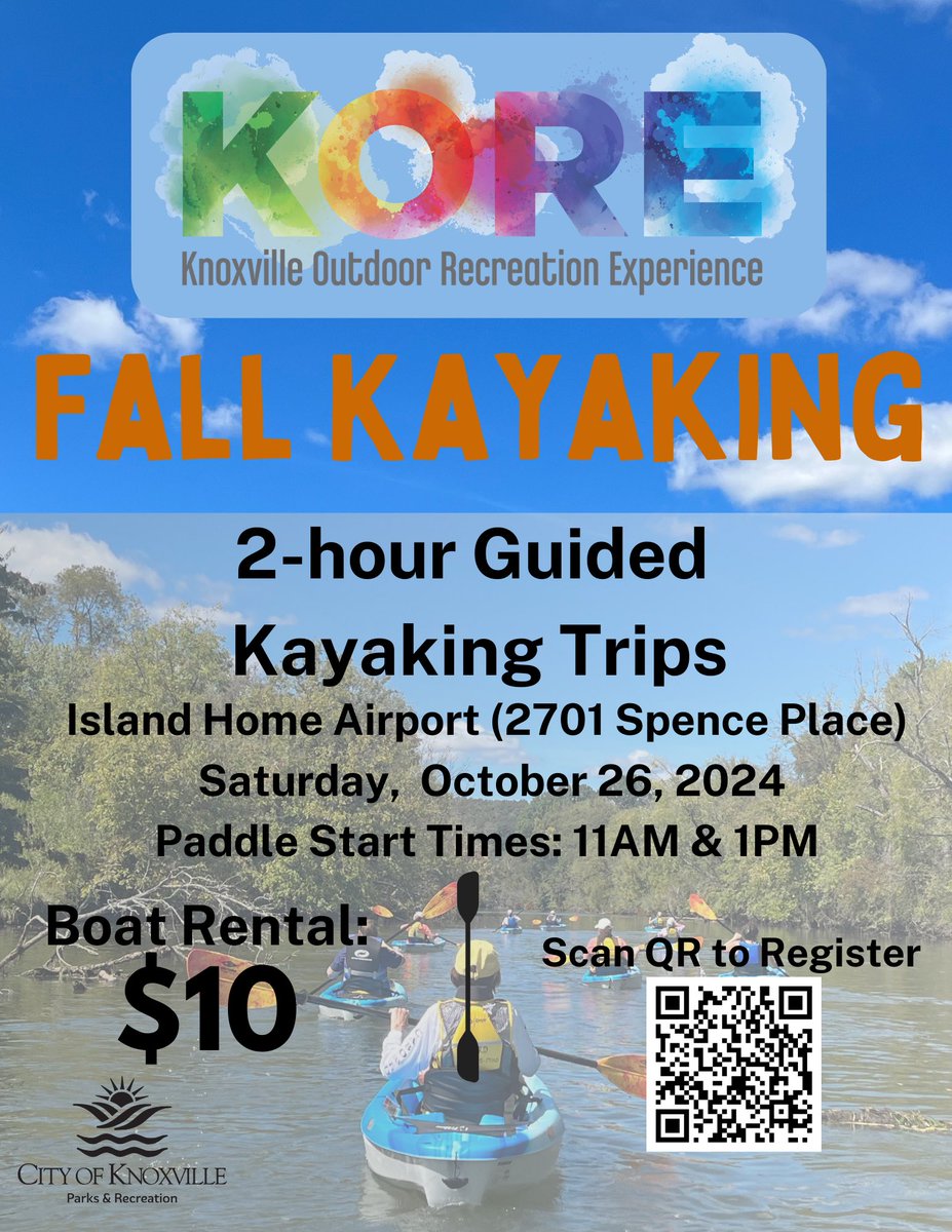 🎵Ready, ready, ready…ready to row!?!🎵
Fall is here and it’s a great time to paddle! Join us for a guided paddle next Saturday, October 26th. 2 offerings - 11am and 1pm. $10 per person (includes kayak). Space is limited. 

Register here - knoxville.recdesk.com/Community/Prog…